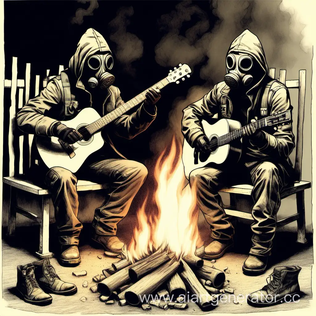 Stalkers-in-Gas-Masks-by-Campfire-Playing-Guitar