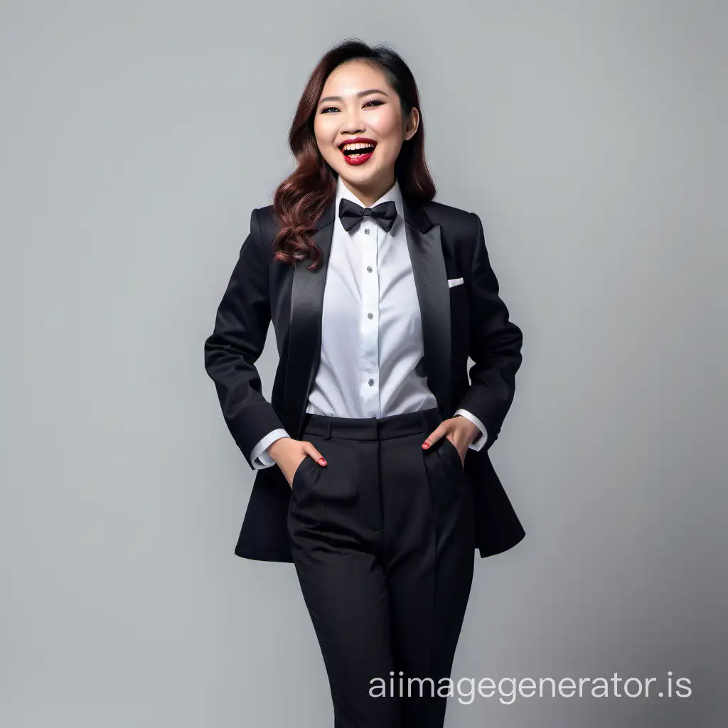 formal asian woman wearing a tuxedo, shirt with bowtie, lipstick, hands in pockets, open jacket, open coat, smiling and laughing