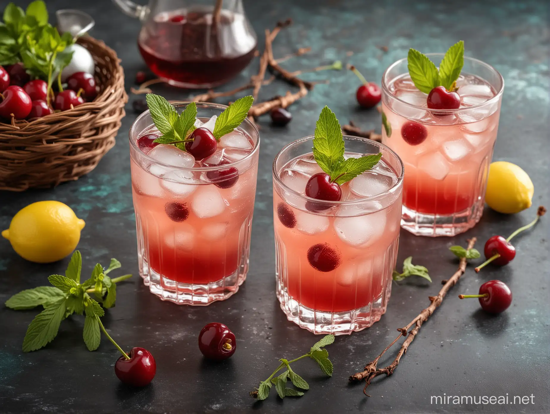 EASTER COCKTAIL WITH Bourbon, cherry liqueur, fresh lemon juice, simple syrup, fresh cherries pitted, Soda water, Mint sprig for garnish IN A EASTER BACKGROUND