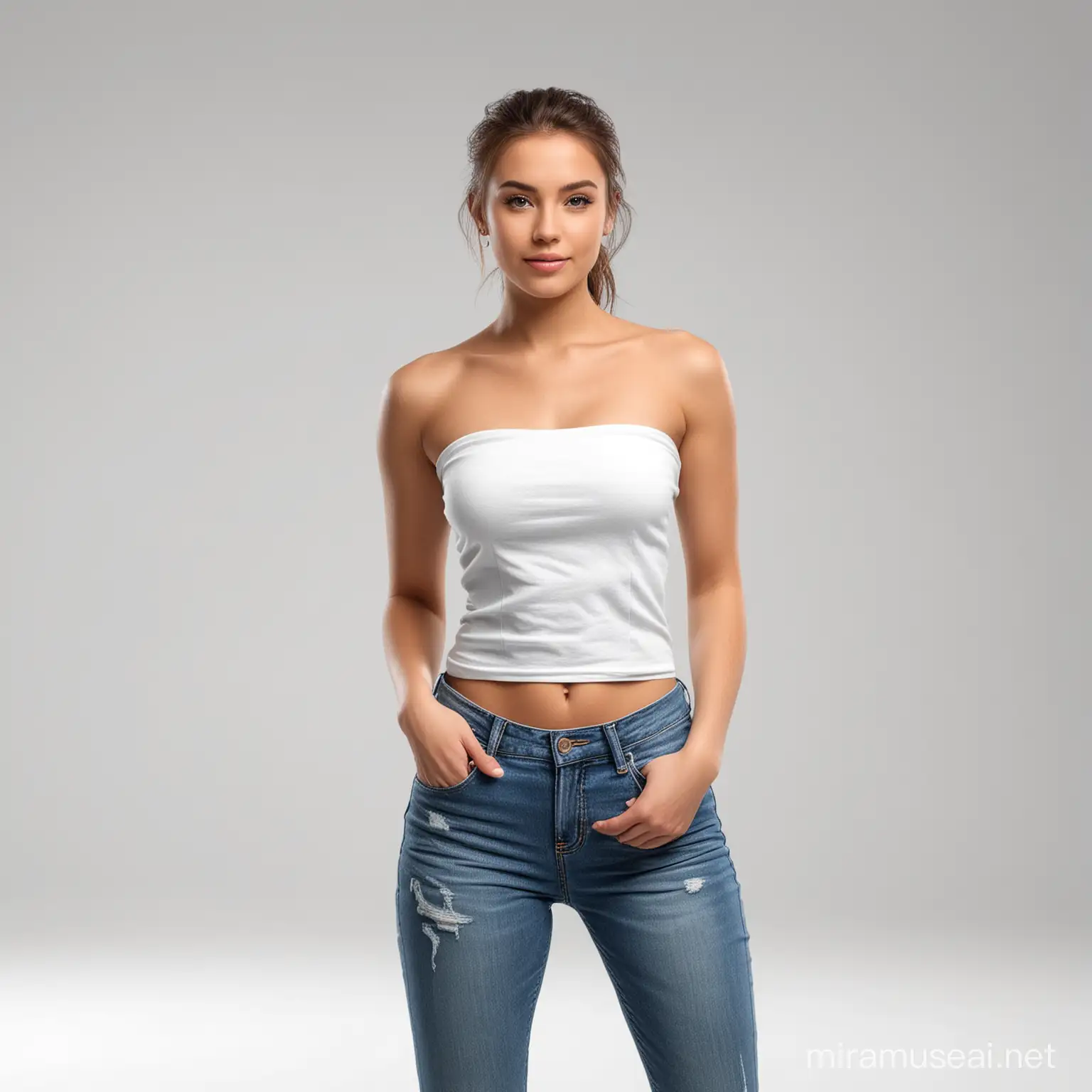 Front view photorealistic attractive young woman in jeans and strapless t-shirt standing in photo studio isolated on white background.