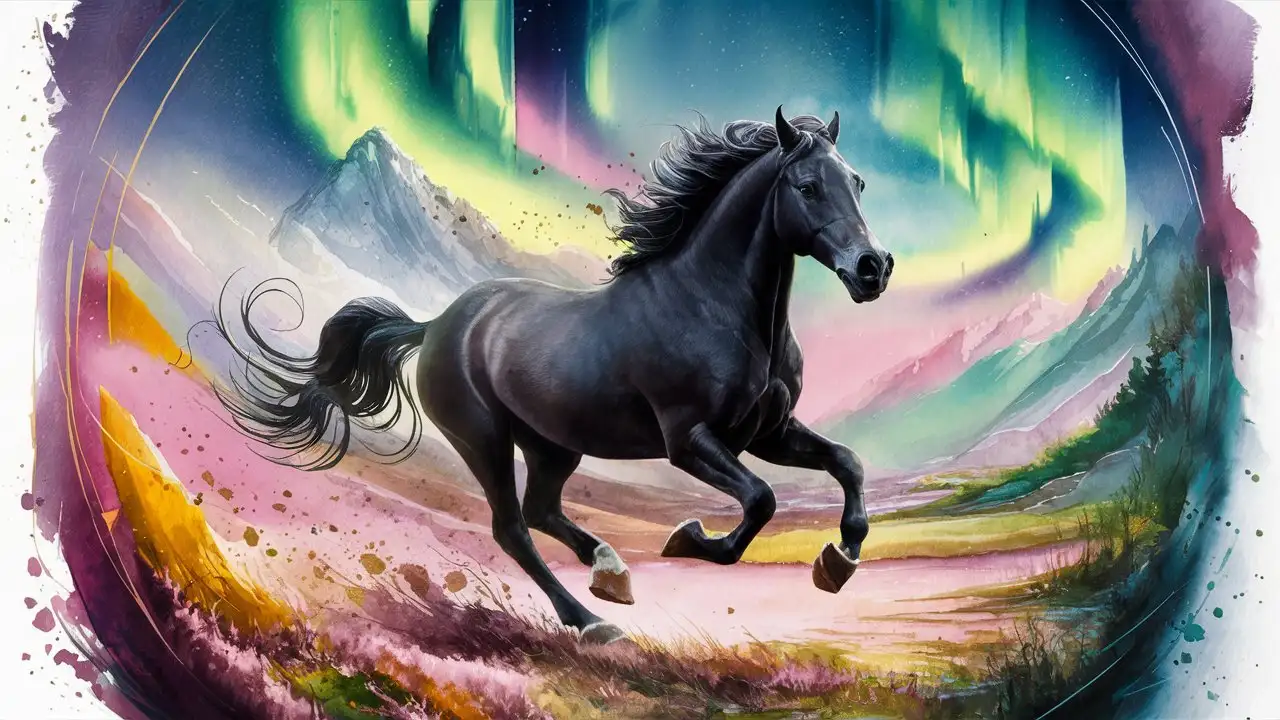 A wonderfully beautiful black horse is galloping faster than the wind, full of courage and strength, dynamic, gentle, leader, surrounded by the Northern Lights, it is a paradise valley, like a beautiful painting, artistically painted, watercolors, vivid colors, Marc Chagall style