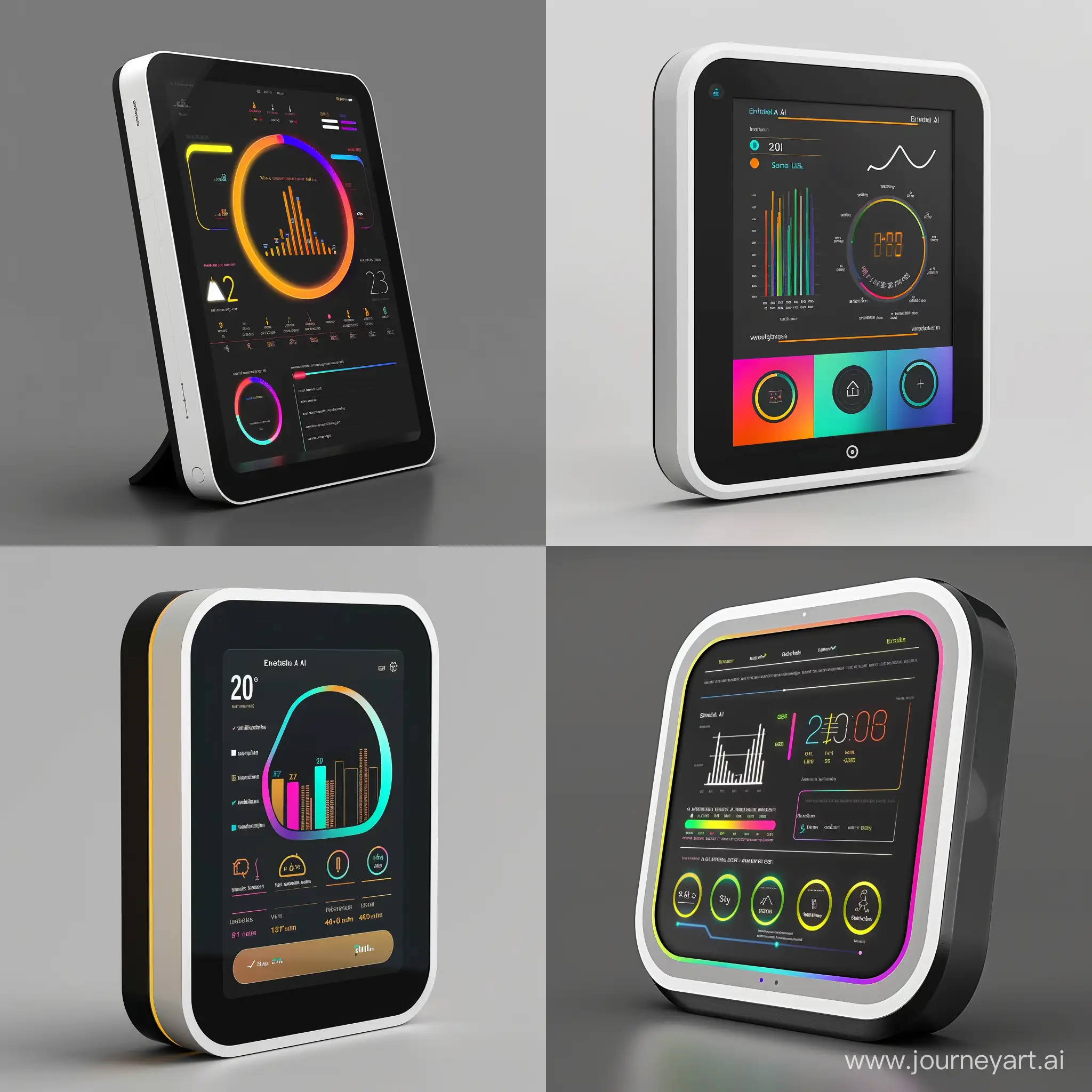 "Envision a Standalone AI Smart Energy Hub designed to autonomously manage home energy usage with elegance and innovation. Picture a compact device, measuring 20 cm in width, 15 cm in height, and 3 cm in depth, with a high-resolution, scratch-resistant glass touchscreen display. The hub should be crafted from eco-friendly materials like recycled aluminum or bioplastic, featuring a matte finish in a choice of colors such as classic matte black, white, or vibrant options to suit various interior designs. The design is minimalistic, focusing on sleek lines and a user-friendly interface that displays real-time energy consumption, predictive analytics, and personalized energy-saving recommendations with vibrant visualizations. This device is equipped with advanced sensors for monitoring environmental conditions and energy usage, using AI to optimize household energy efficiency. It stands or mounts elegantly in any room, offering an intuitive, easy-to-use system that enhances the home's energy management without the need for integration with other smart devices. The hub also includes optional remote connectivity for smartphone app control, adding convenience for users who choose to engage remotely. Visualize this hub as a centerpiece of sustainable technology, combining functionality with a modern aesthetic appeal, symbolizing a commitment to environmental responsibility and cutting-edge home energy management."photorealistic product design style