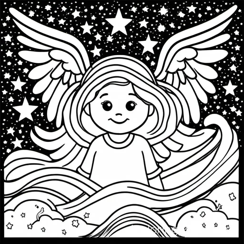 angels, stars, galaxy, Coloring Page, black and white, line art, white background, Simplicity, Ample White Space. The background of the coloring page is plain white to make it easy for young children to color within the lines. The outlines of all the subjects are easy to distinguish, making it simple for kids to color without too much difficulty
