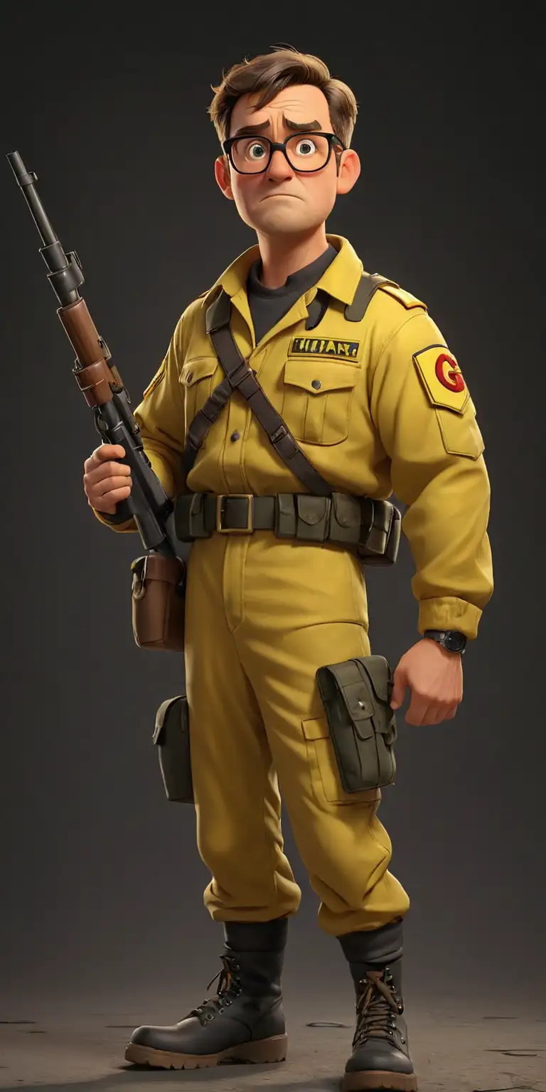 Middle aged male, short brown hair, glasses wearing a yellow army outfit with a red letter G on chest, black boots, standing in hero pose, black stage background, full body image, pixar style, confused expression, holding rifle