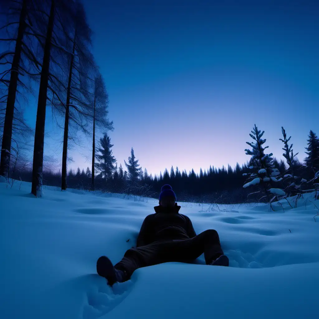 A scenic snowy forest. silhouette of a bald guy with hiking clothes and beanie laying in snow, twilight, 1080f resolution, ultra 4K, high definition, volumetric light, blue ambient light