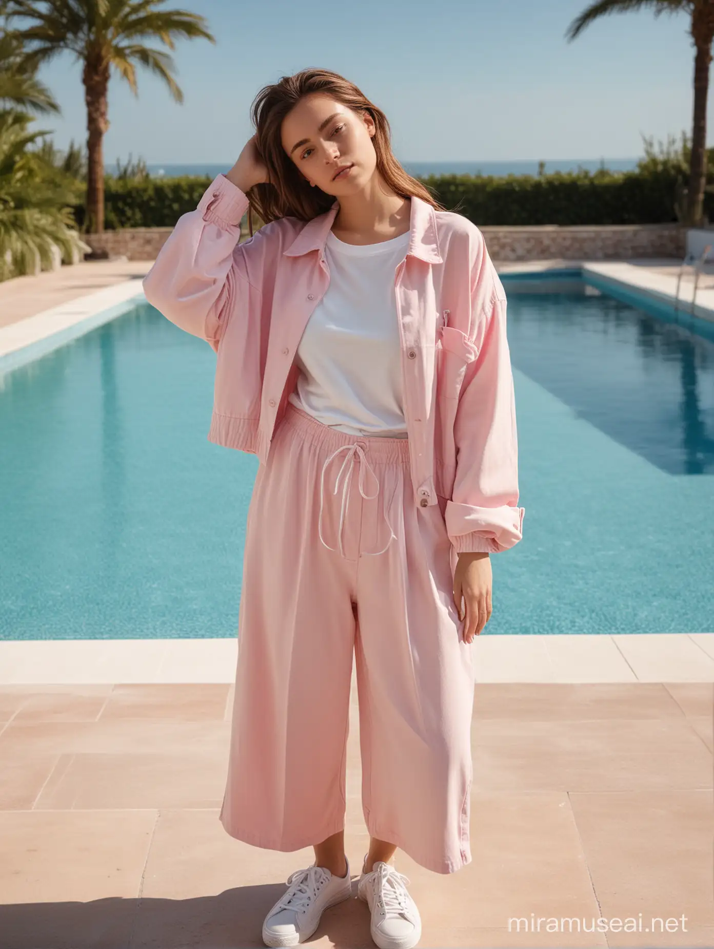 Young woman wearing oversize jacket, t-shirt and trousers by the pool. wide viewing angle. Basic background. soft reverse sunlight.  The photo features soft pink and blue. Summer vibe and editorial pose.