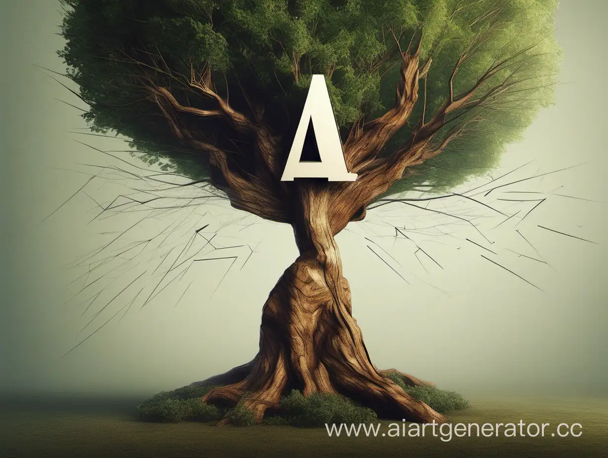 "Create a visually striking AI art piece featuring the letter 'A' cleverly designed as an arrow. Imagine this arrow firmly stuck into the trunk of a majestic tree, blending the sleek lines of the letter 'A' with the natural textures of the tree bark. Use a harmonious color palette that highlights the contrast between the arrow and the tree, capturing a moment of unexpected harmony between man-made and nature. Let the composition tell a story of unity and balance, where the strength of the arrow meets the resilience of the tree."