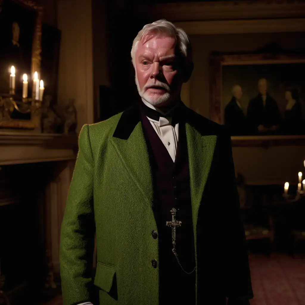 Actor Derek Jacobi as Reverend green tweed jacket in dark dining room of large manor house at night