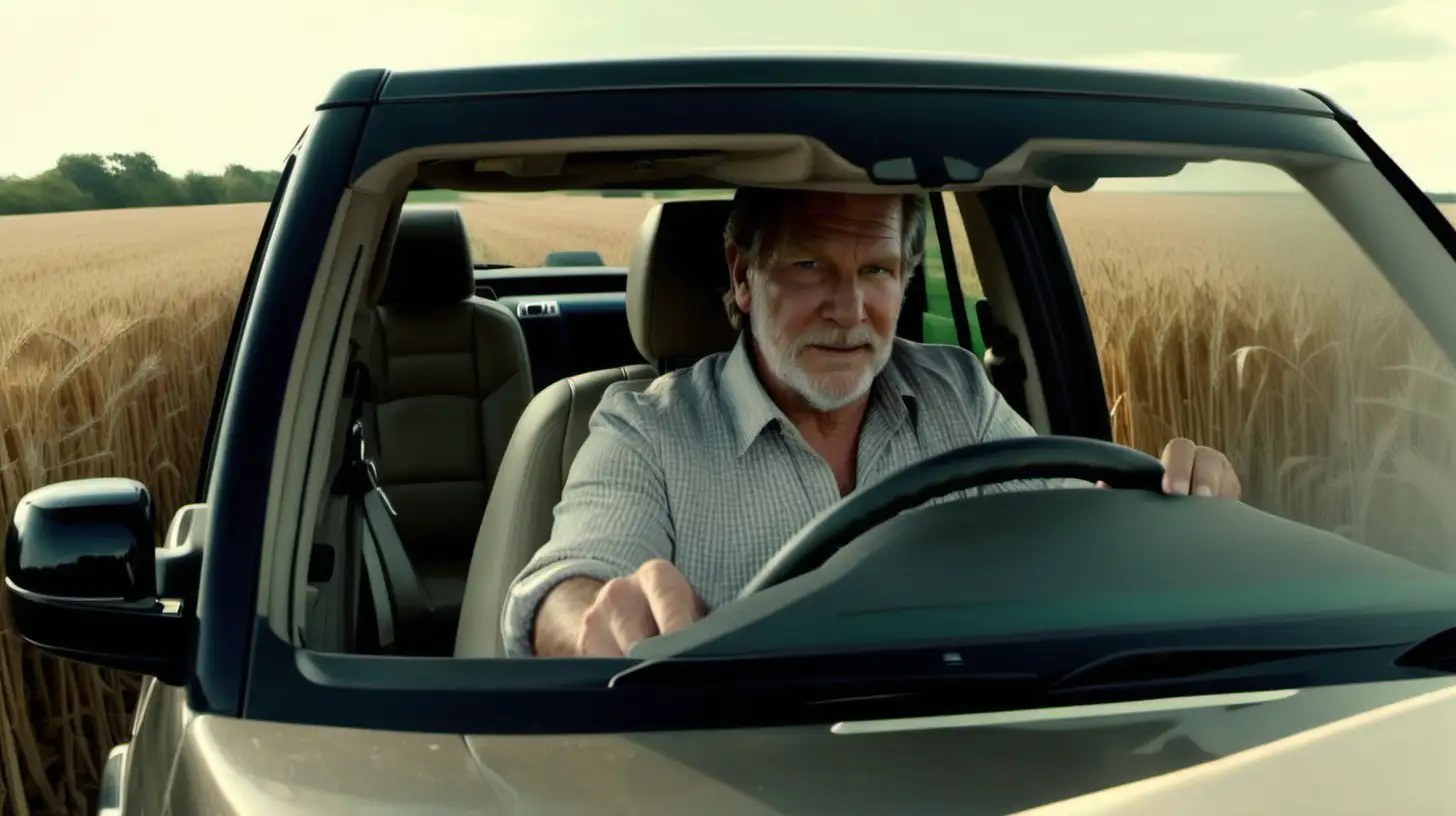 50-60 year old man, similar to jeff bridges and bradley cooper, in flannet shirt driving in range rover car, field of grains on background, black small dog inside the car