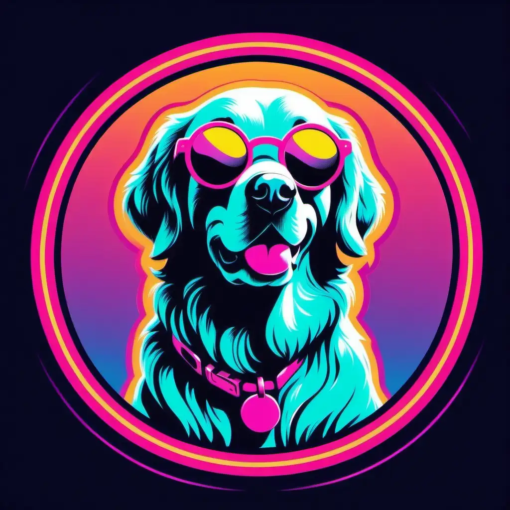 iconic idol, retriever, dog, sunglasses, flat vector, groovy neon lo lo-fi, isolated on a white background, surrounded by circle --ar 2:1 --s 100 --v 5.2