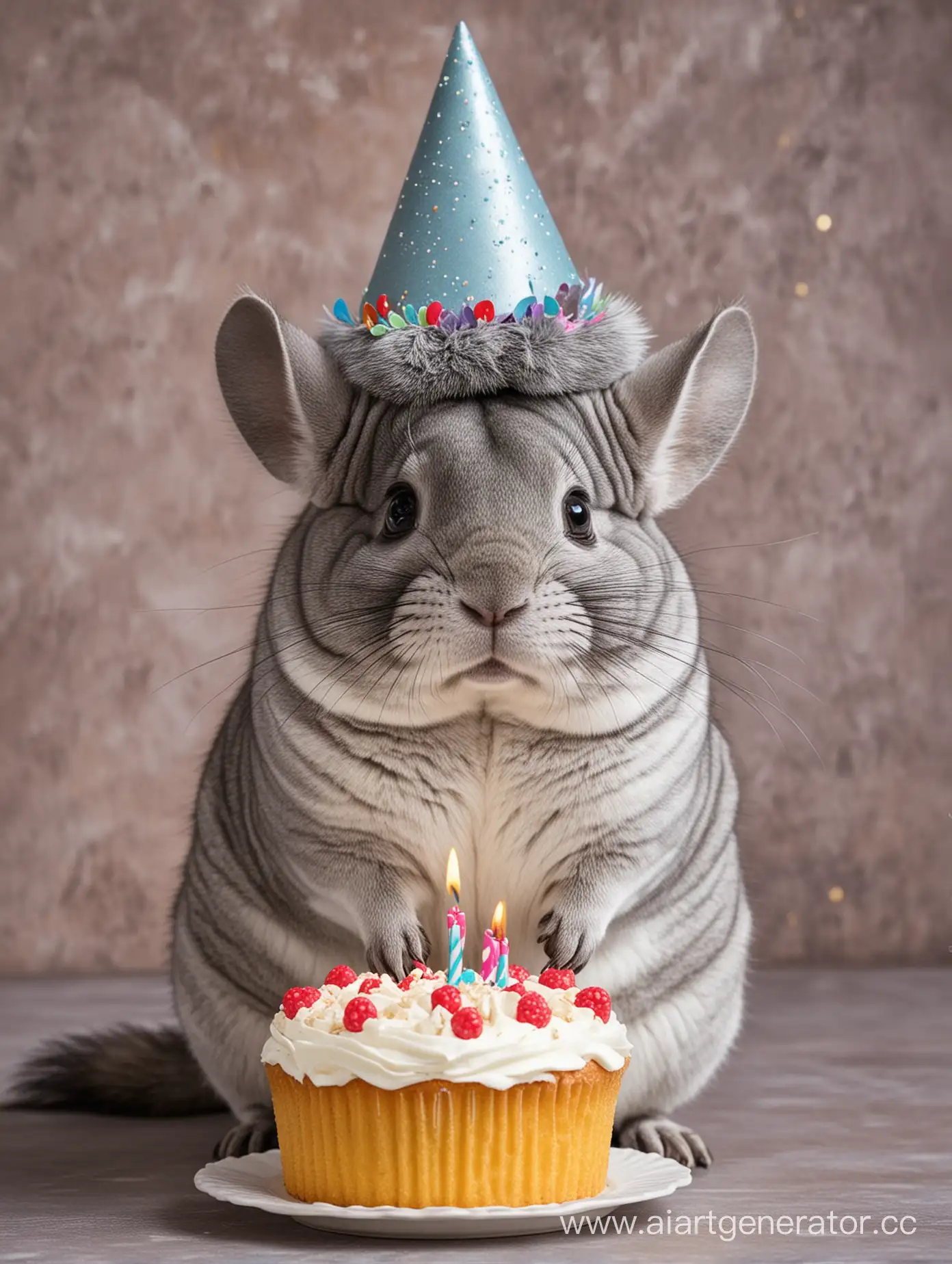 Gray-Chinchilla-Enjoying-a-Festive-Cake-with-Accessories