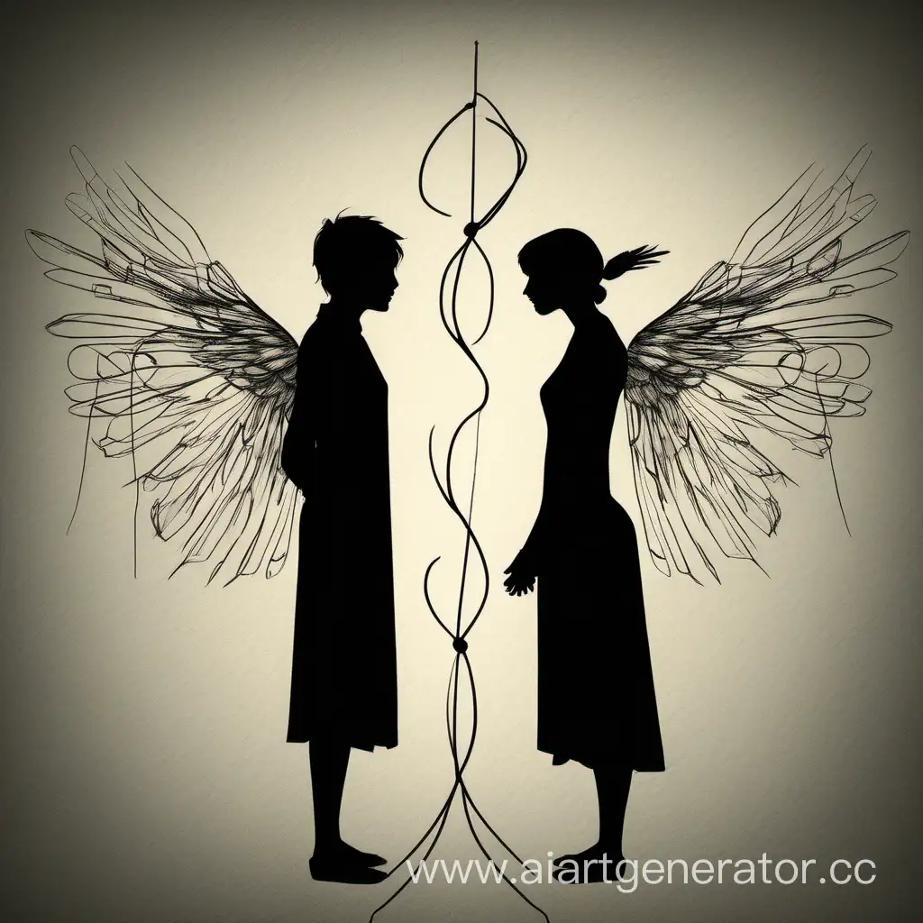 Two silhouettes with wings look at two threads of fate