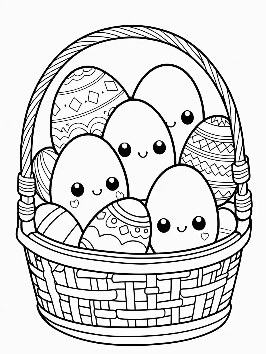 Coloring page for kids 4-7 years, kawaii easter eggs with simple lines  in basket, white background, clean line art, fine line art, vector, HD