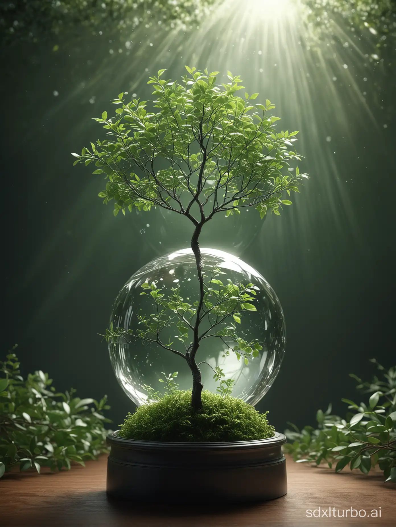 A shining sapling, with green branches stretching towards the sky, is surrounded by a translucent box-shaped crystal ball. Detailed textures, high quality, high resolution, high accuracy, realism, color correction, correct lighting settings, harmonious composition, Behance work