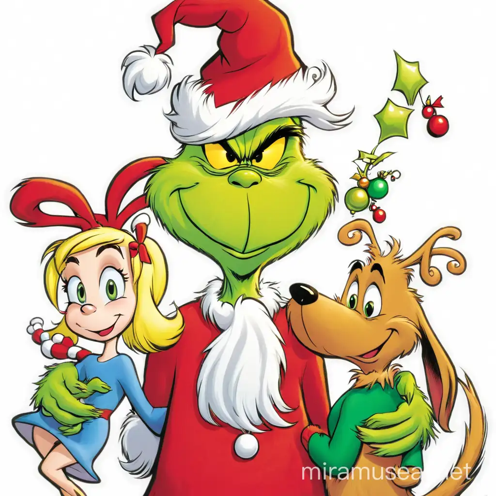 Grinch Holding Cindy Lou Who and Max the Dog Joyful Scene from American Comics