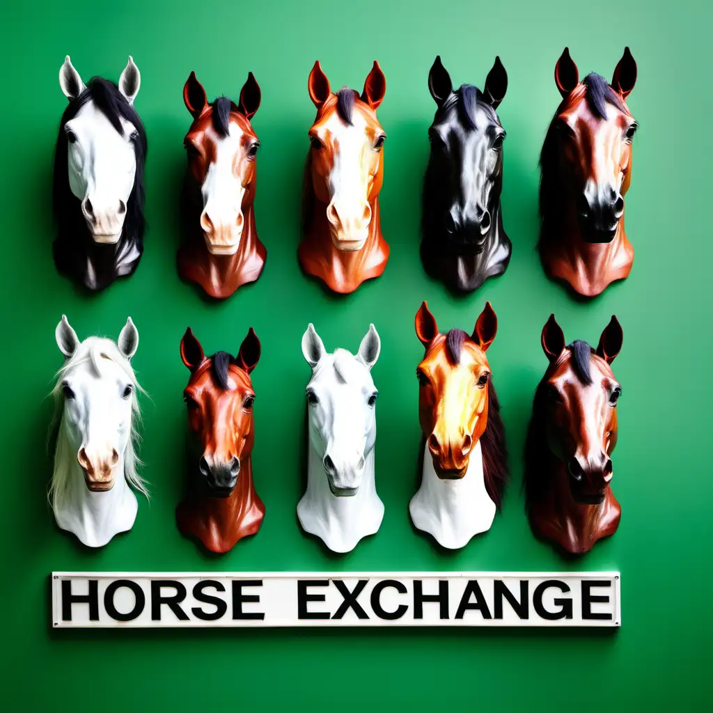 Horse Exchange Sign Surrounded by Various Horse Heads on Green Background