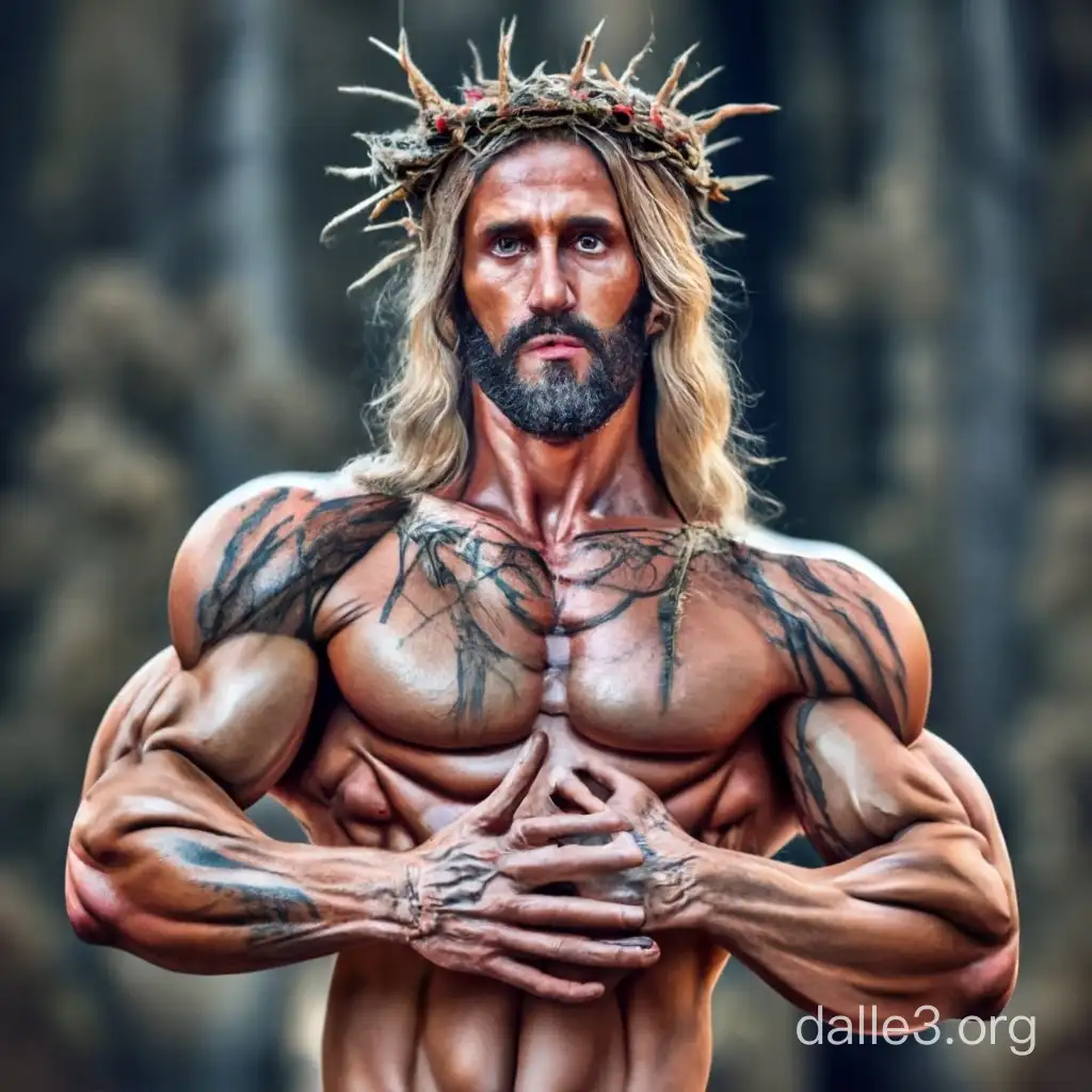 jesus christ, extremely ripped, spine crown, doing workout, photo, (((extreme detailed)))