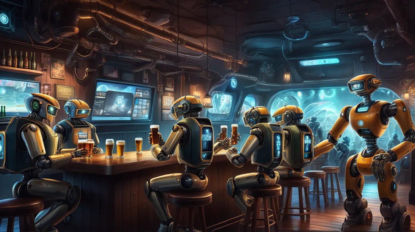 Futuristic Pub Scene Robots Enjoying Beer and Technology in Dimly Lit Ambiance