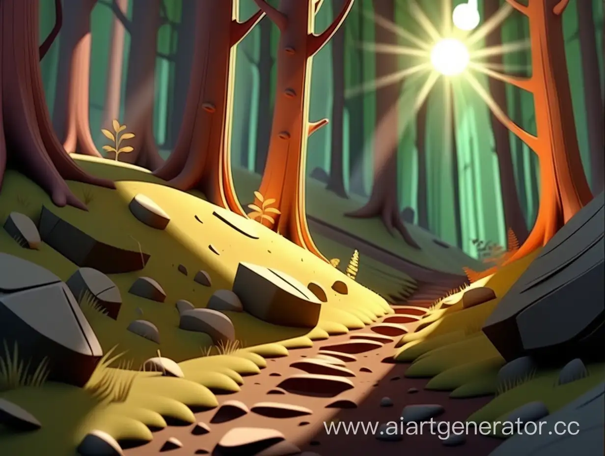 cartoon style, 8k, He found a hilly area, where the sun's rays penetrated through the thick shadows of the forest and fell on the ground. 