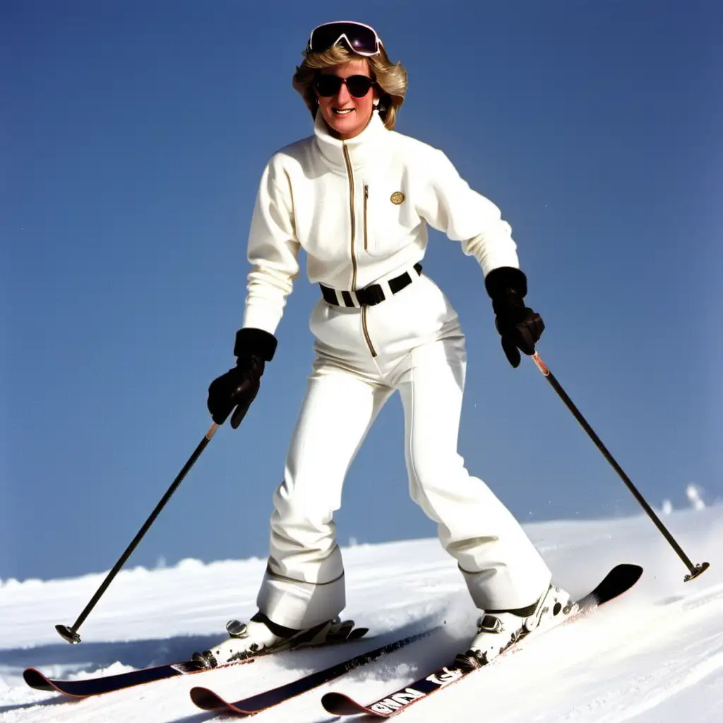 Princess Diana skiing in all white ski outfit