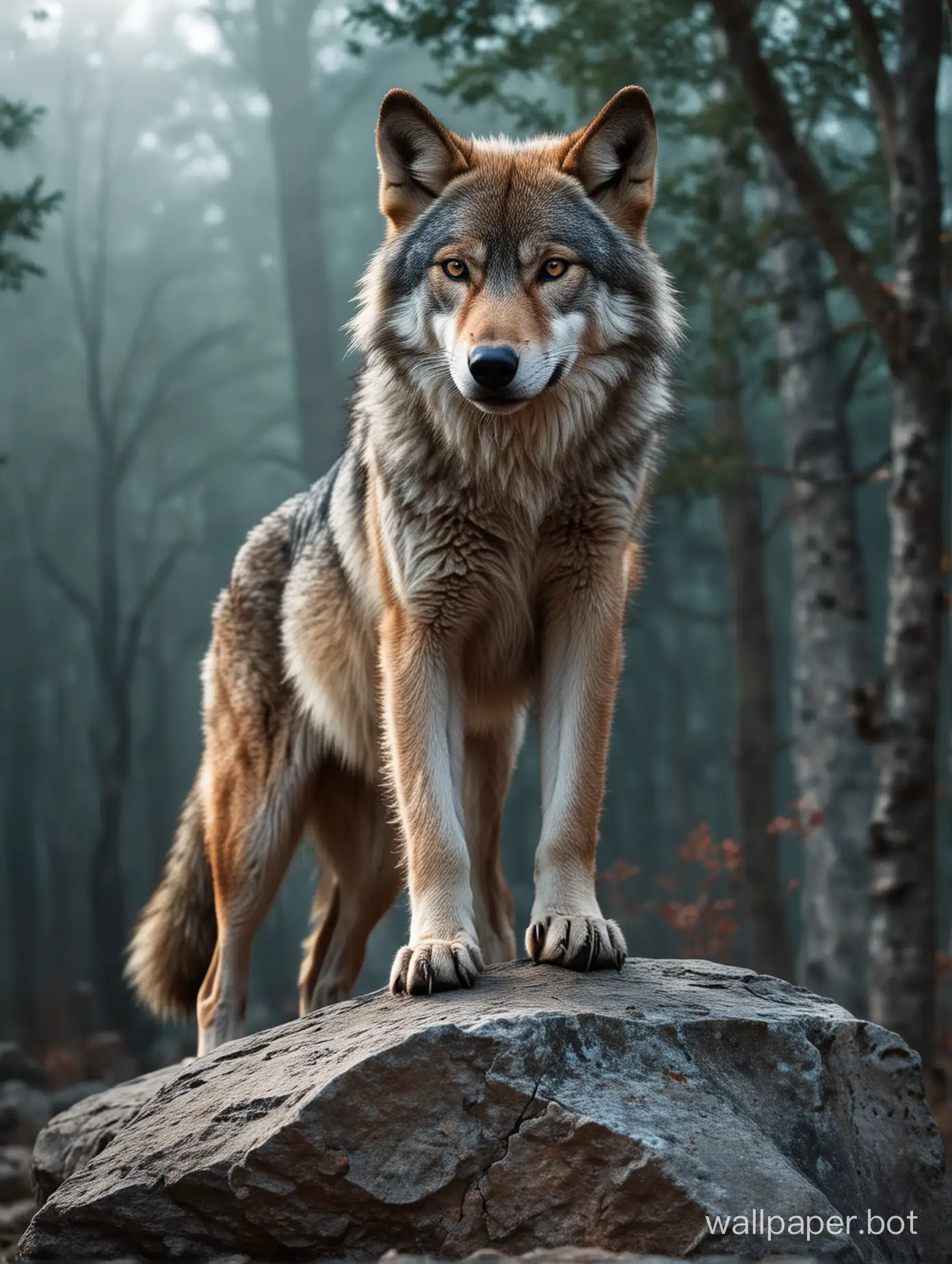 create a wallpaper of a wolf standing top of a rock. the image should be like it was taken from very close to the wolf. the colors should be very punchy. and the face of the wolf should be very angry. there should be a heroic look in the face of the wolf. make the background dim light. the eyes of the fox should be blue.