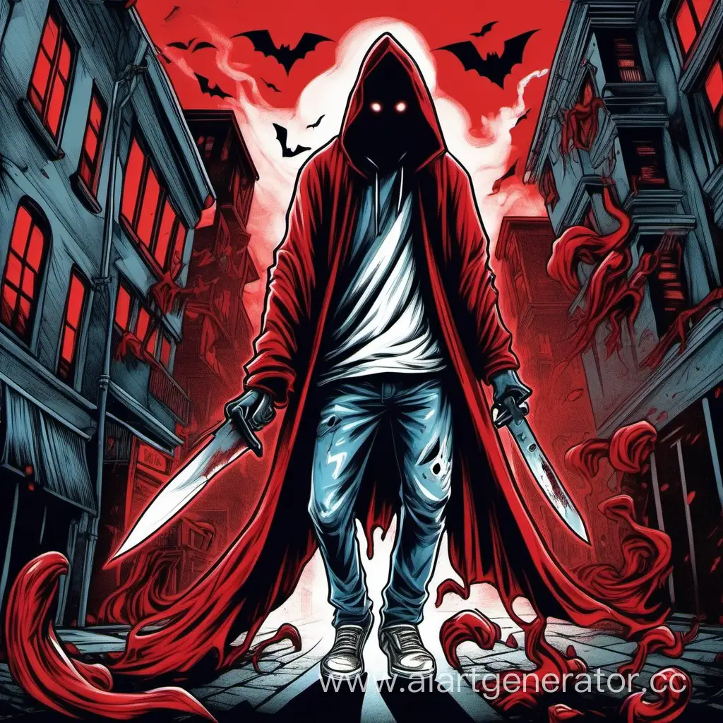 a scary man in a huge hood. wide jeans. the face is shaded. a street in the city. red bloom tupan. ghosts. a knife in his hand.