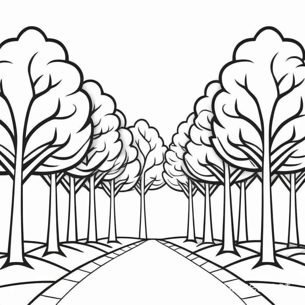 One row of trees close and another far , Coloring Page, black and white, line art, white background, Simplicity, Ample White Space. The background of the coloring page is plain white to make it easy for young children to color within the lines. The outlines of all the subjects are easy to distinguish, making it simple for kids to color without too much difficulty