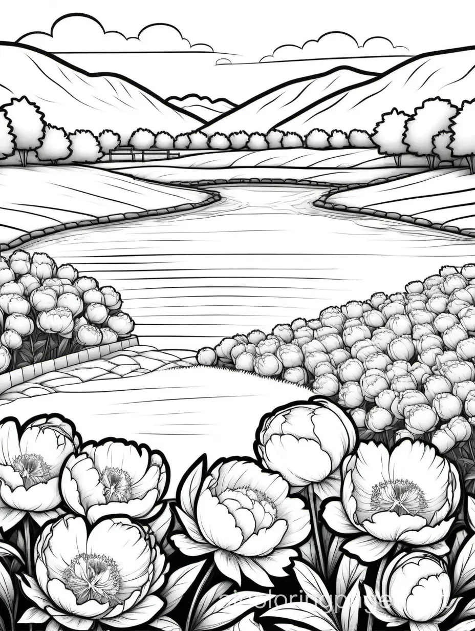  a field of white peonies outside in the garden with farm dam
 in the background
 without color with black lines for coloring book, Coloring Page, black and white, line art, white background, Simplicity, Ample White Space. The background of the coloring page is plain white to make it easy for young children to color within the lines. The outlines of all the subjects are easy to distinguish, making it simple for kids to color without too much difficulty, Coloring Page, black and white, line art, white background, Simplicity, Ample White Space. The background of the coloring page is plain white to make it easy for young children to color within the lines. The outlines of all the subjects are easy to distinguish, making it simple for kids to color without too much difficulty