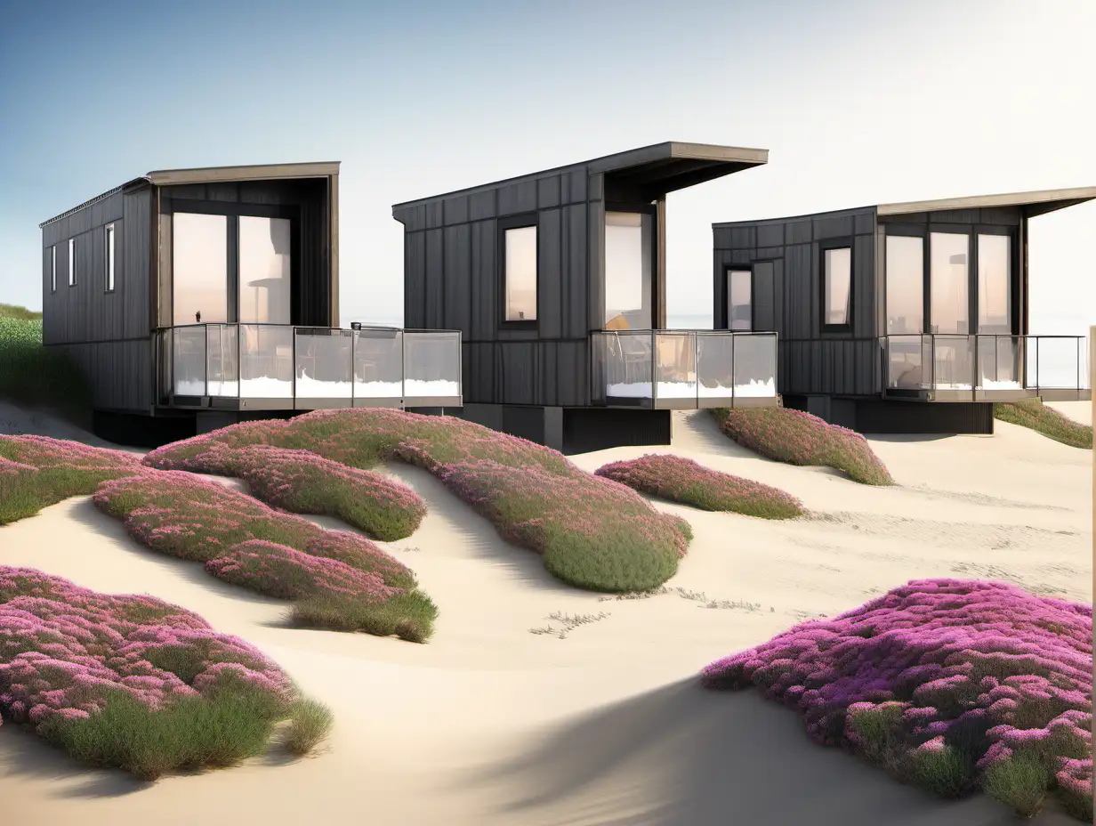 Future modular sustainable looking homes in sand dunes with ice plant in marina california





