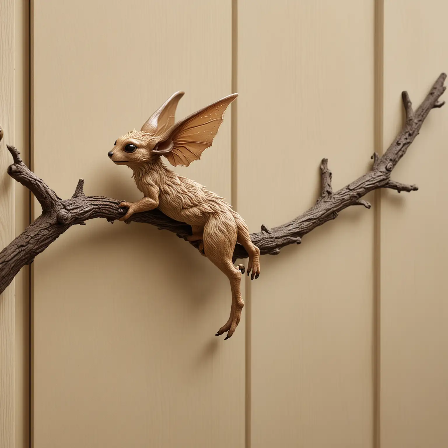 A realistic, simple branch, gently twisting so that two points can be attached to a cabinet door as a pull. A fae creature is perched on the branch.