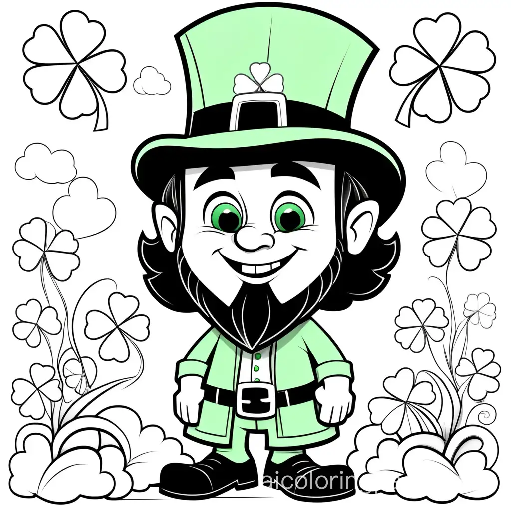 Happy Saint Patrick’s day cartoon celebration , Coloring Page, black and white, line art, white background, Simplicity, Ample White Space. The background of the coloring page is plain white to make it easy for young children to color within the lines. The outlines of all the subjects are easy to distinguish, making it simple for kids to color without too much difficulty