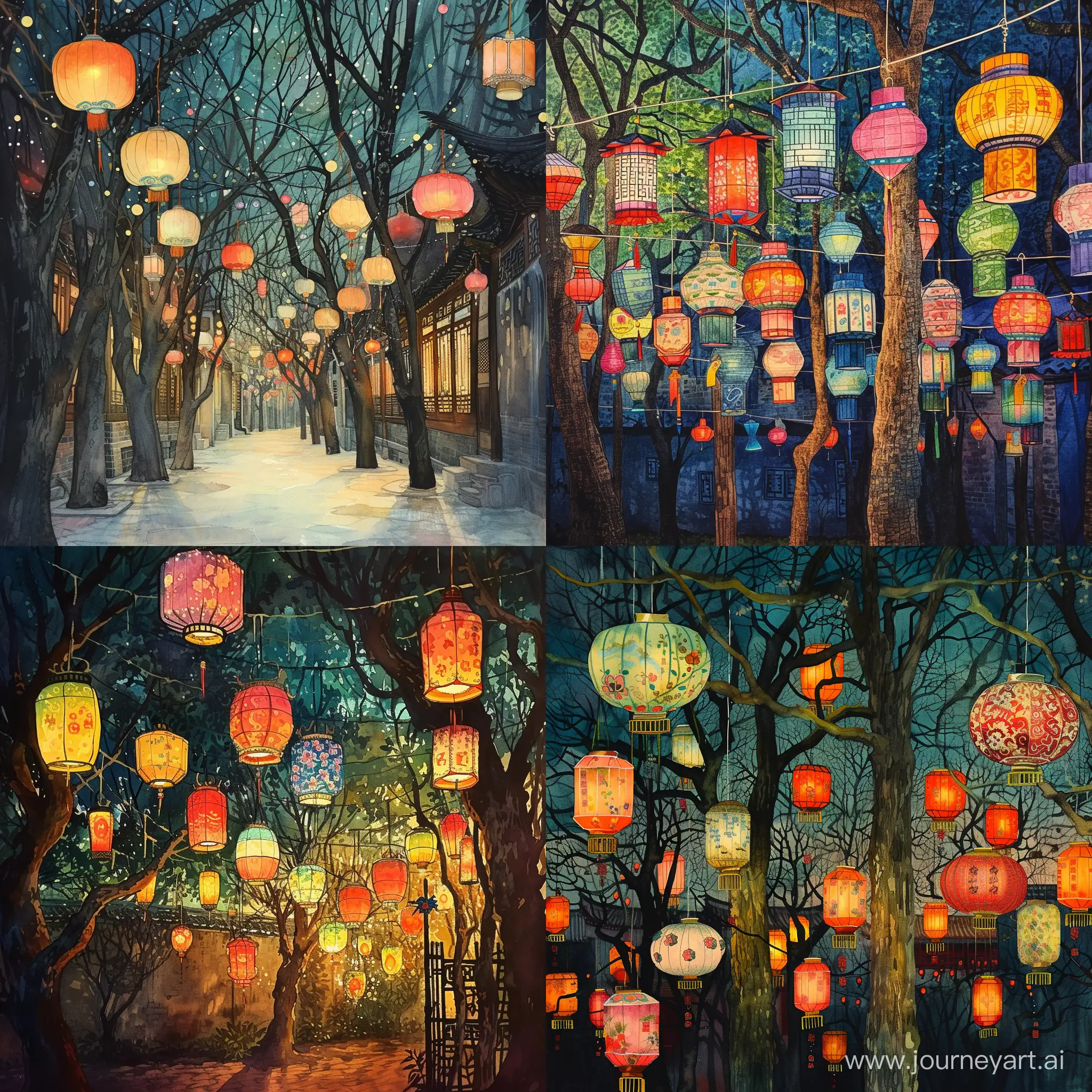Chinese Spring Festival night, watercolour paintingpainting of colorful designs, The Beijing Hutongstreets were illuminated by many many many lanternssuspended from the trees., josan gonzalez