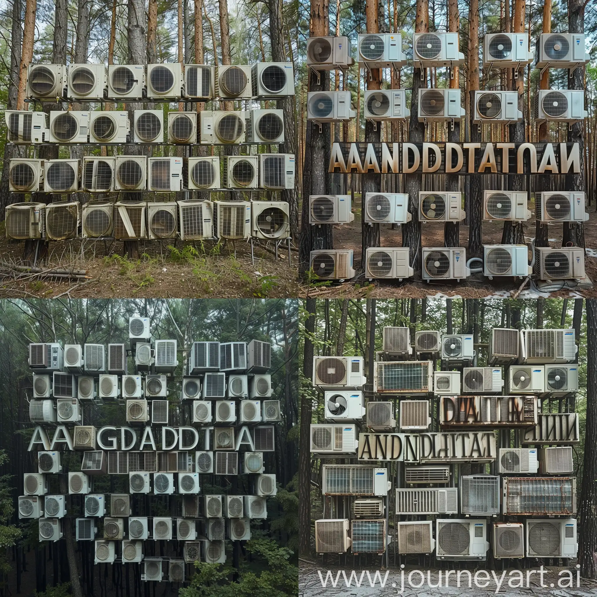 Using a large number of air conditioners, lay out the word "Кандидаты" against the background of the forest