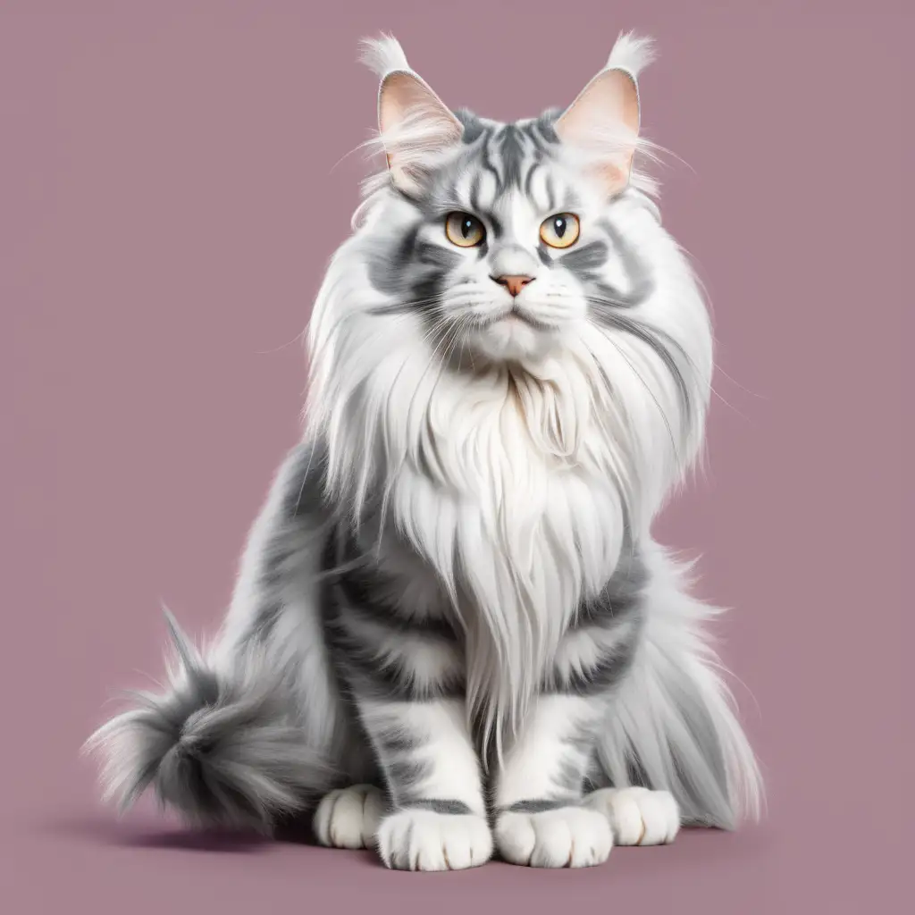 Playful White and Gray Maine Coon Cat on Vibrant Background