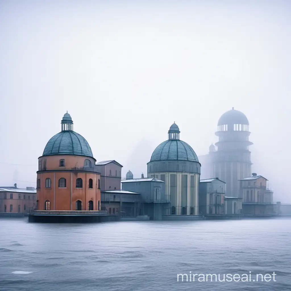 Molti teatri del mondo di Aldo Rossi, vicini in modo da formare un villaggio galleggiante, specchio di acqua leggermente increspata, vetri sporchi e luci accese, nebbia in un giorno di inverno
