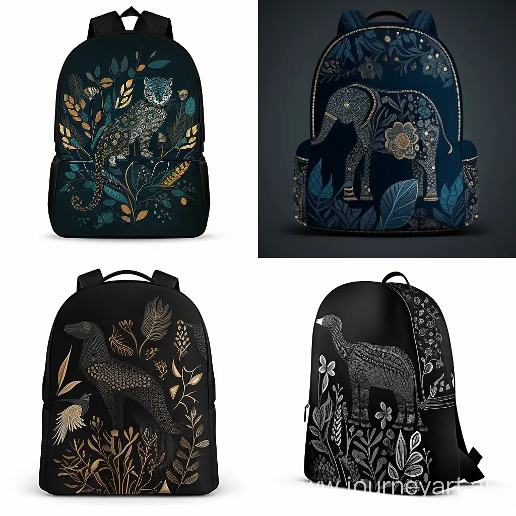 Patterned backpack for adults minimalism on dark background with graphic animal vector drawing --v 4 --ar 1:1 --no 71248