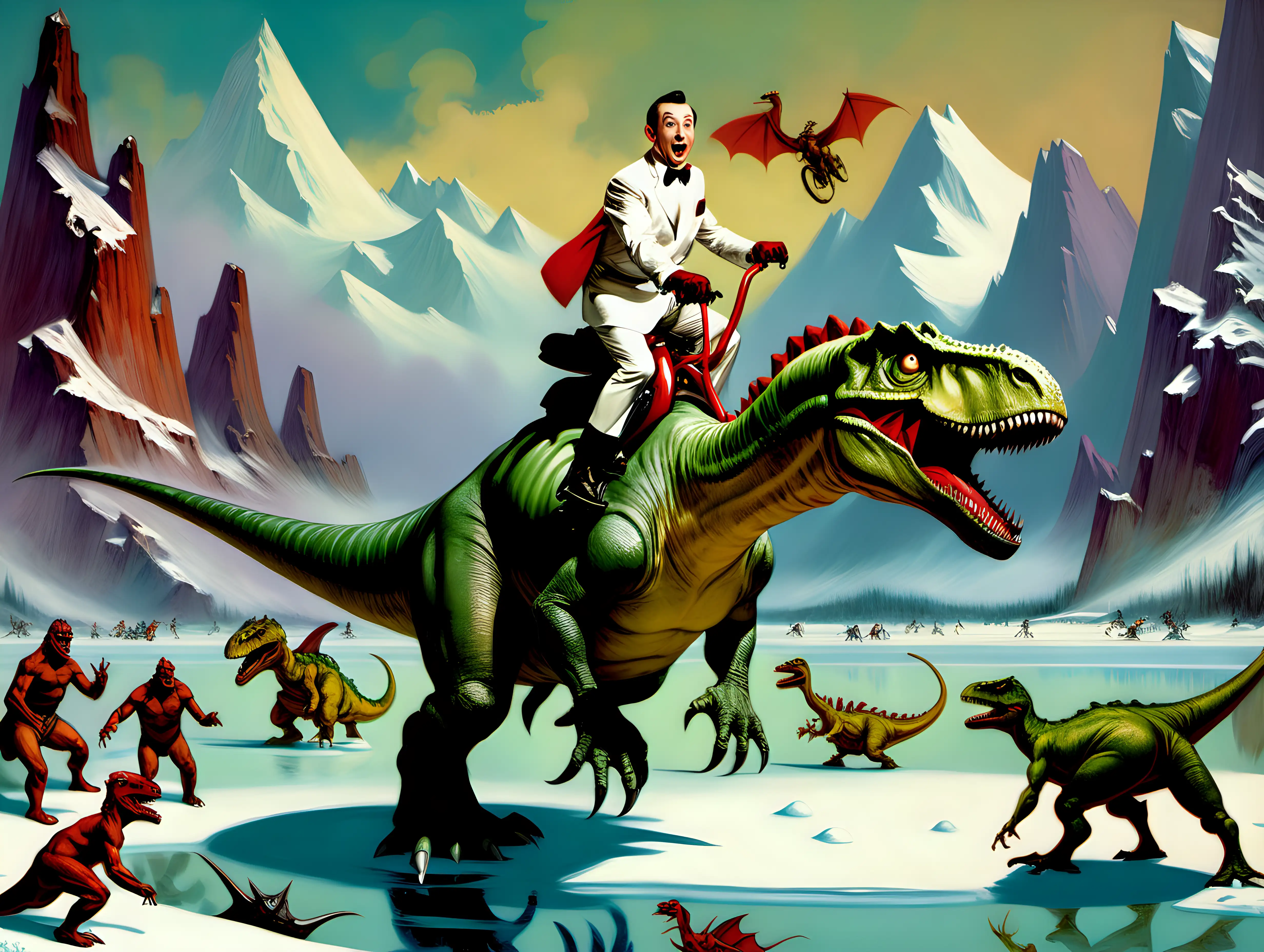 Pee Wee Herman Riding a Dinosaur in Epic Frozen Lake Adventure