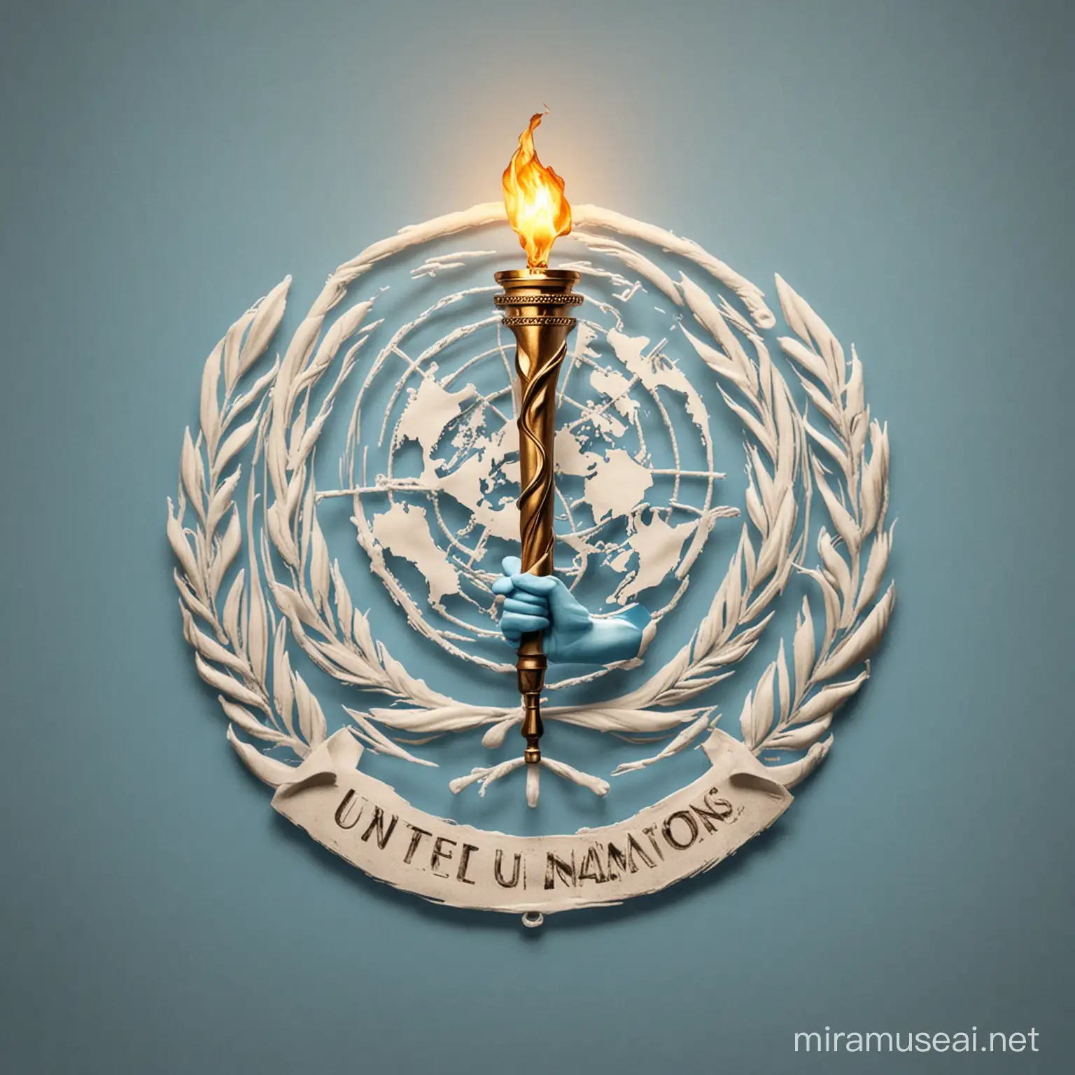 I want to create a logo for 'model United Nations' which is a debate competition and in the middle a person is holding a torch which will depict leadership 