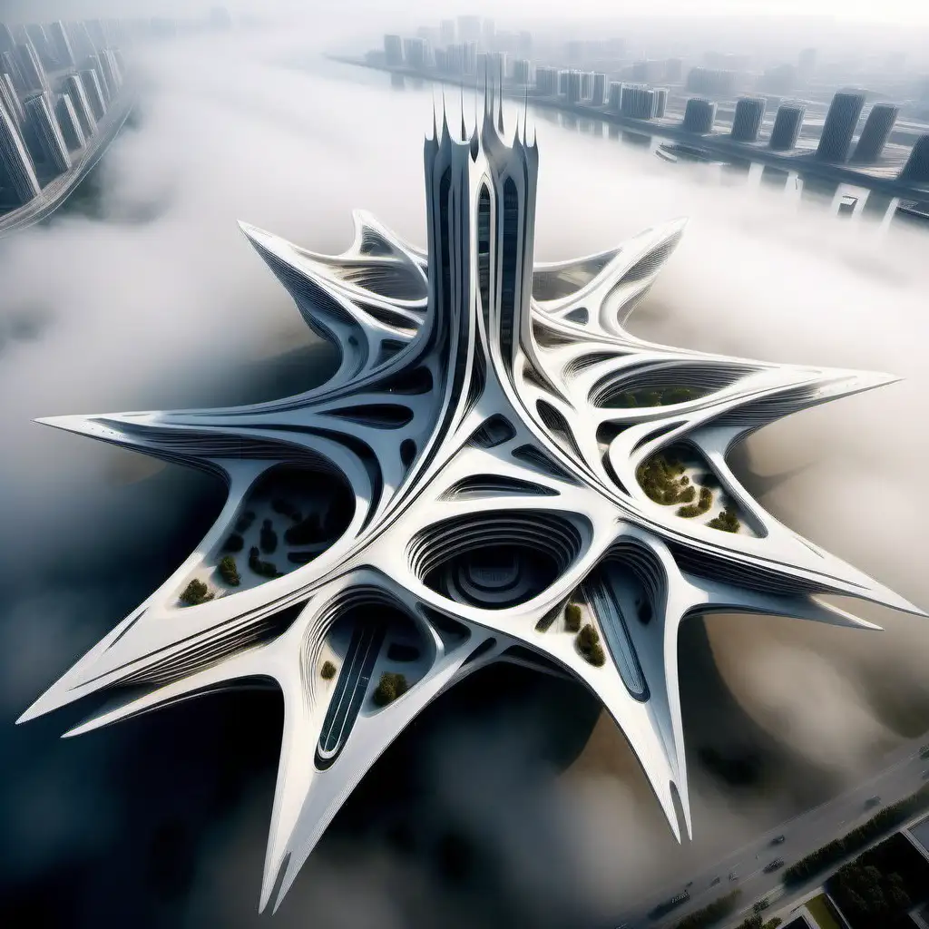 Zaha Hadid OneStory Cross Buildings with Unique Heights and Elegant Design on Foggy Rectangular Island