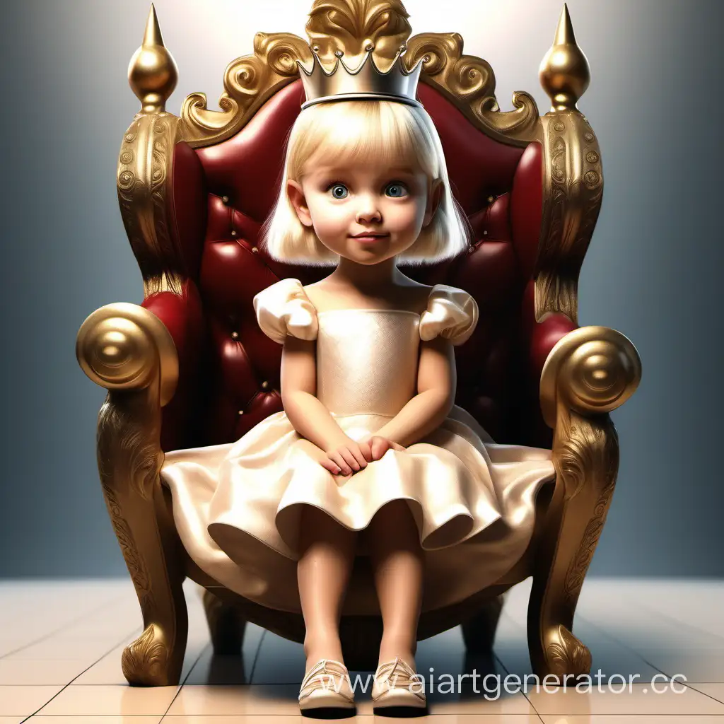 принцесса девочка 5 лет красивое пышное платье короткие светлые волосы на троне фон сказочный бежевый гиперреализм шарж 