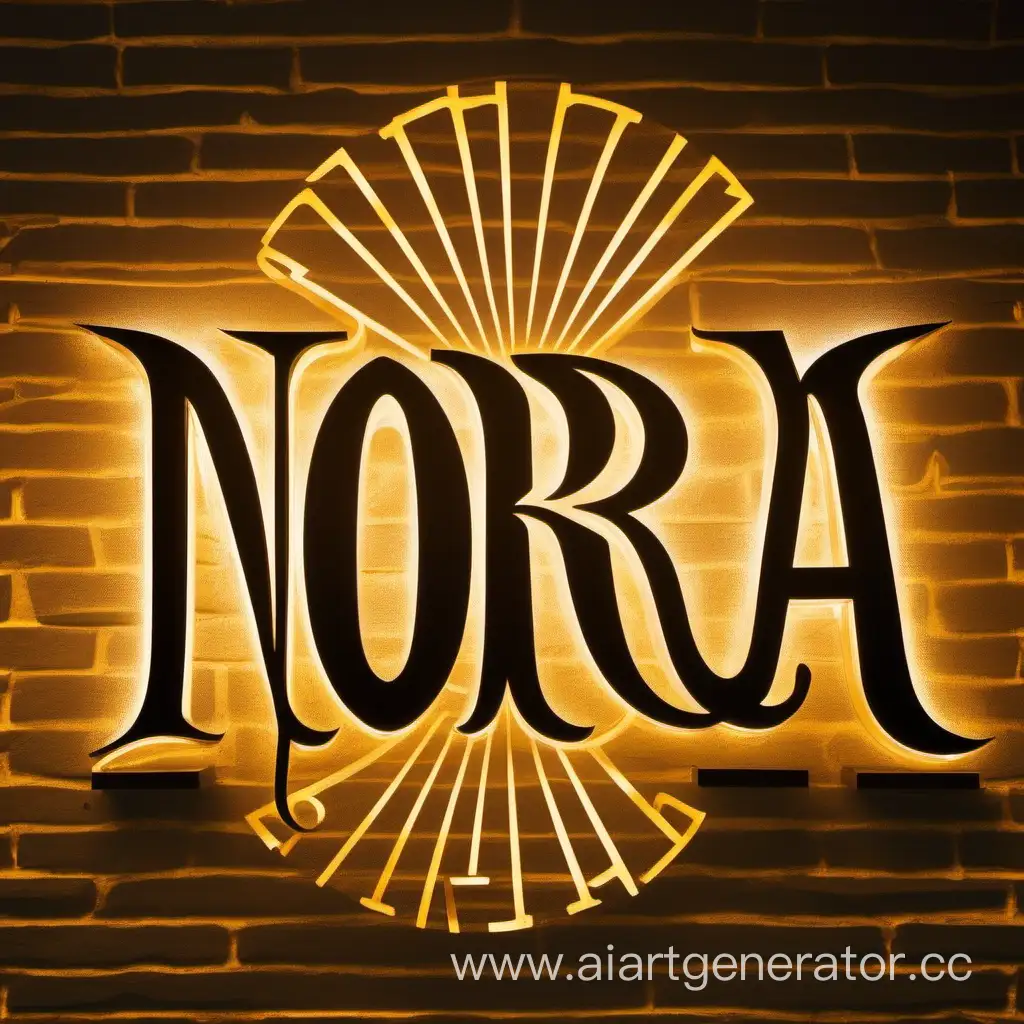 Логотип для бара НОРА русскими буквами, с золотой подсветкой сзади букв, УУ на фоне