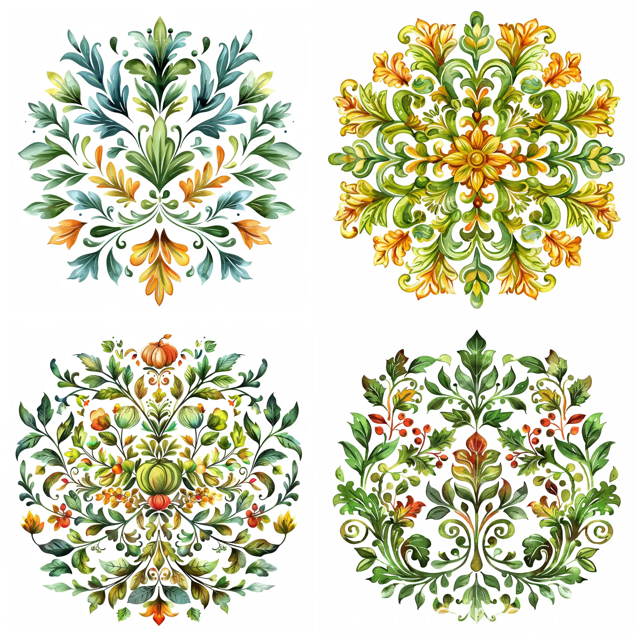 round ornament, with autumn motifs, with protruding peak elements, Baroque style, on a white background, lots of green, vector cheerful style, watercolor, decorative, flat drawing