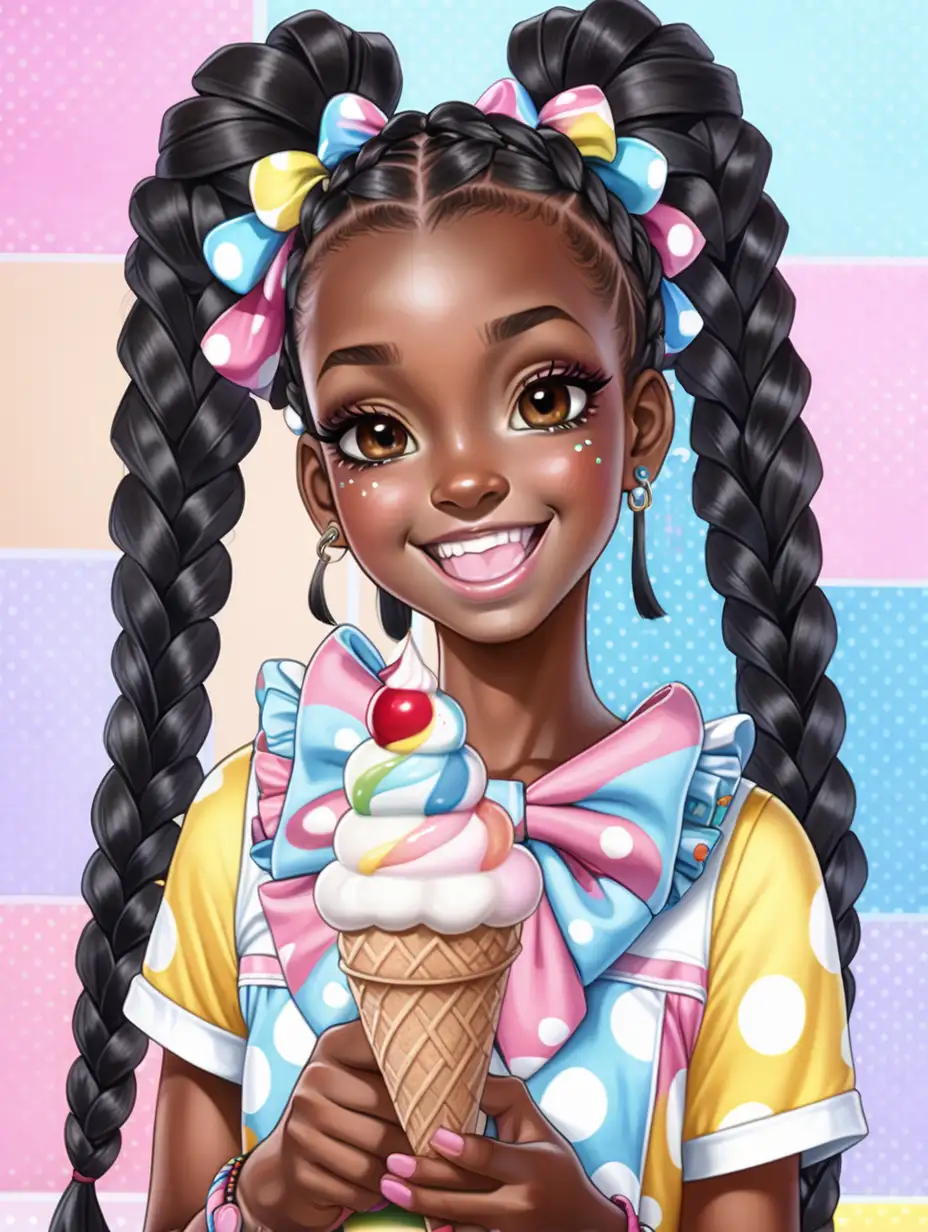 beautiful kawakii African ((Dark Skin Girl)) , with mutli pastel Dots in the (( background )),  kawakii, cuteness,  Black African Box Braids  with baby hair in the front, Big Bow , holding 1 Ice cream , long lashes, bingai, white teeth smiling, 
