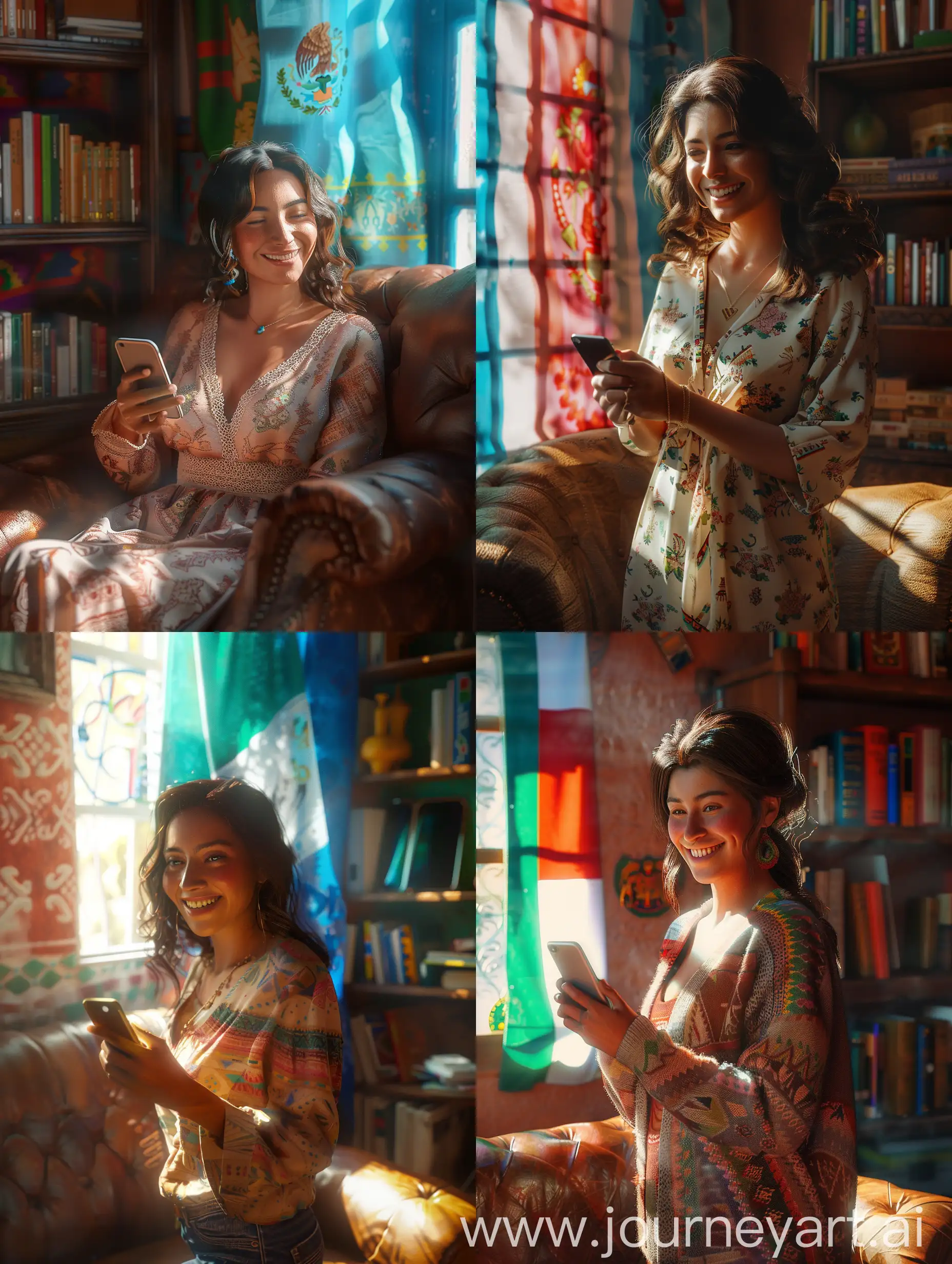 ate photo very realistic of a Spanish 18YO Mexican woman, smiling, holding a smartphone and warm sunlight streaming through the window." "Photorealistic image of a vibrant and colorful living room decorated with traditional Mexican textiles." "35mm film photograph of a cozy living room with a worn leather armchair and shelves filled with books." with the Mexcian flag bluer in the background the image needs to be realistic for ads, the woman is very sexy