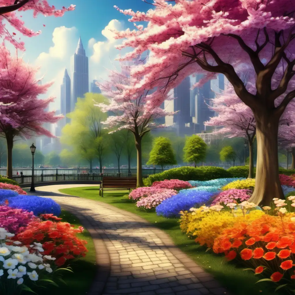 Create an enchanting spring painting depicting a park full of flowers in full colors. High quality. HD.

