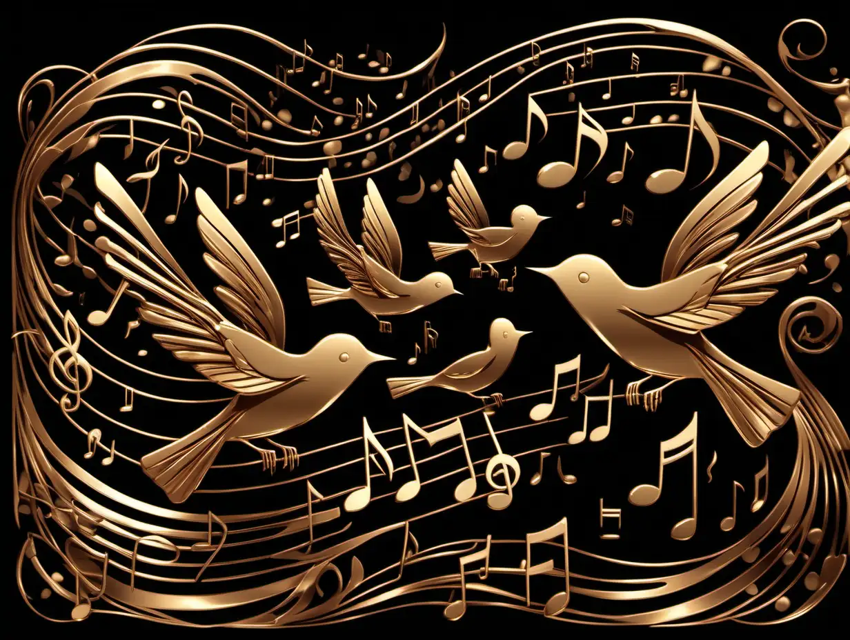 Stylized Bronze colored birds flying with music notes .  Black background.
