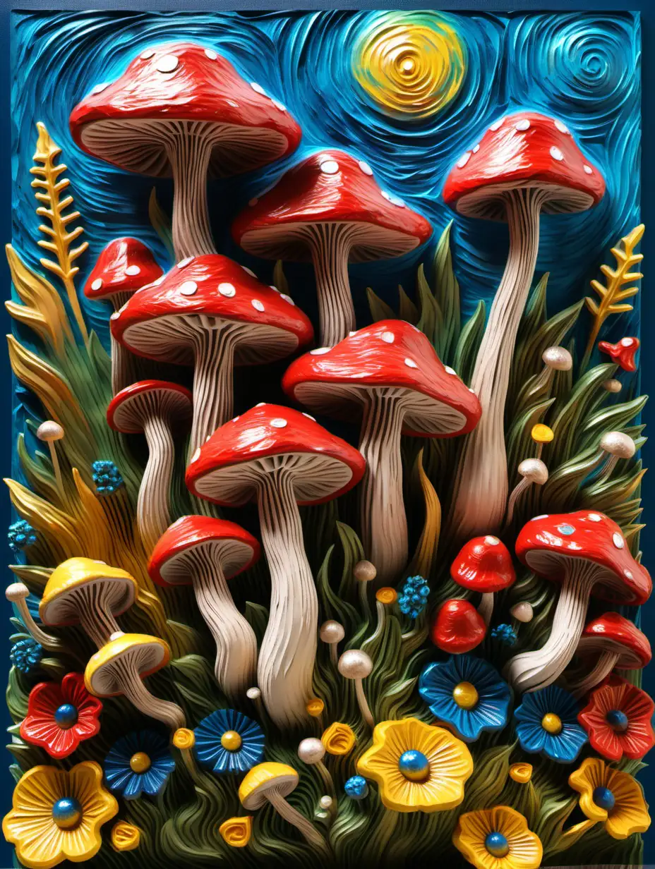 3D mushrooms and wildflowers, van gogh style
