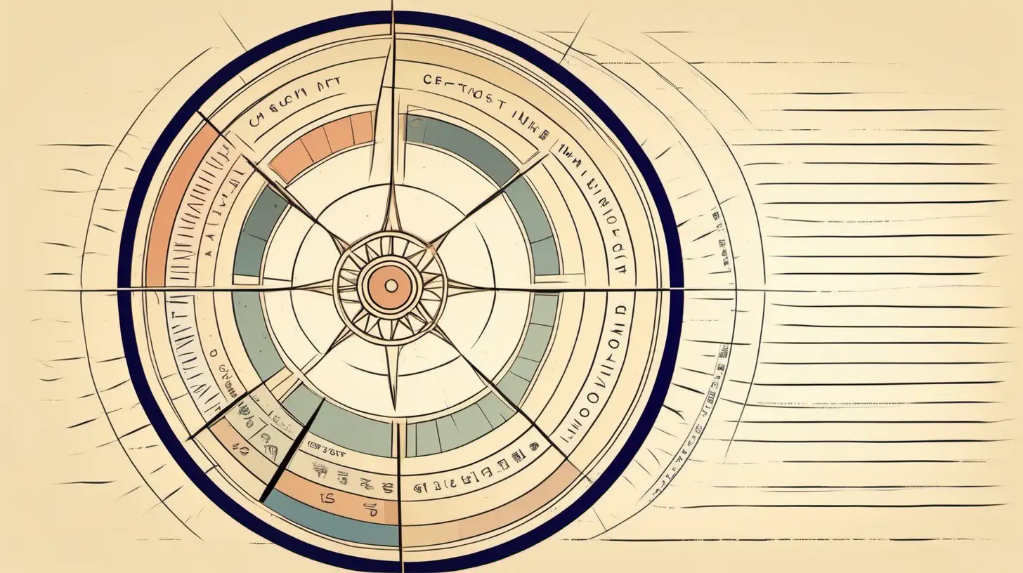 Draw An astrological wheel with megaphone . Loose lines. Muted color, with label style little text