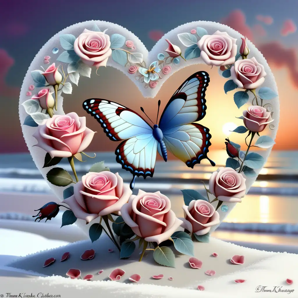 Clear frosted heart with bi colored roses and a butterfly, on a snowy beach, glitter, glowing, transparent, sparklecore, Thomas Kinkade
