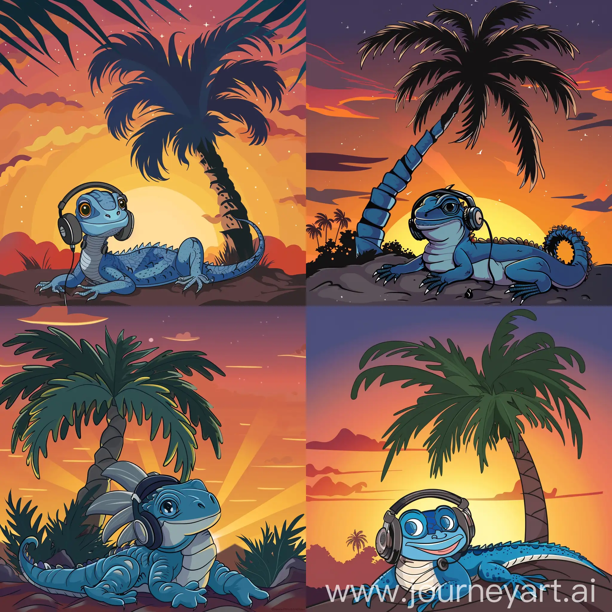 Cartoon blue tounge lizard wearing headphones resting under a palm tree at sunset